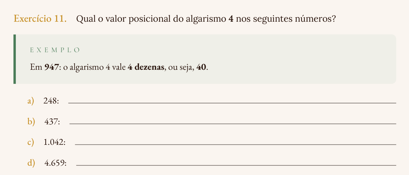 Exemplo resolvido de valor posicional antes do exercício