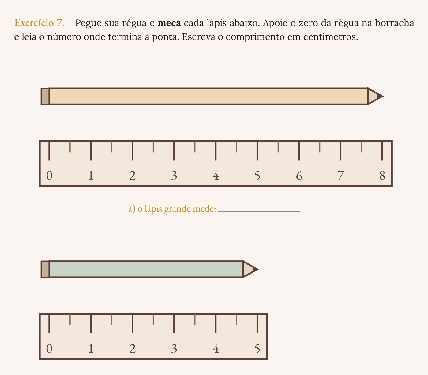 Exercício de medir o lápis na régua desenhada