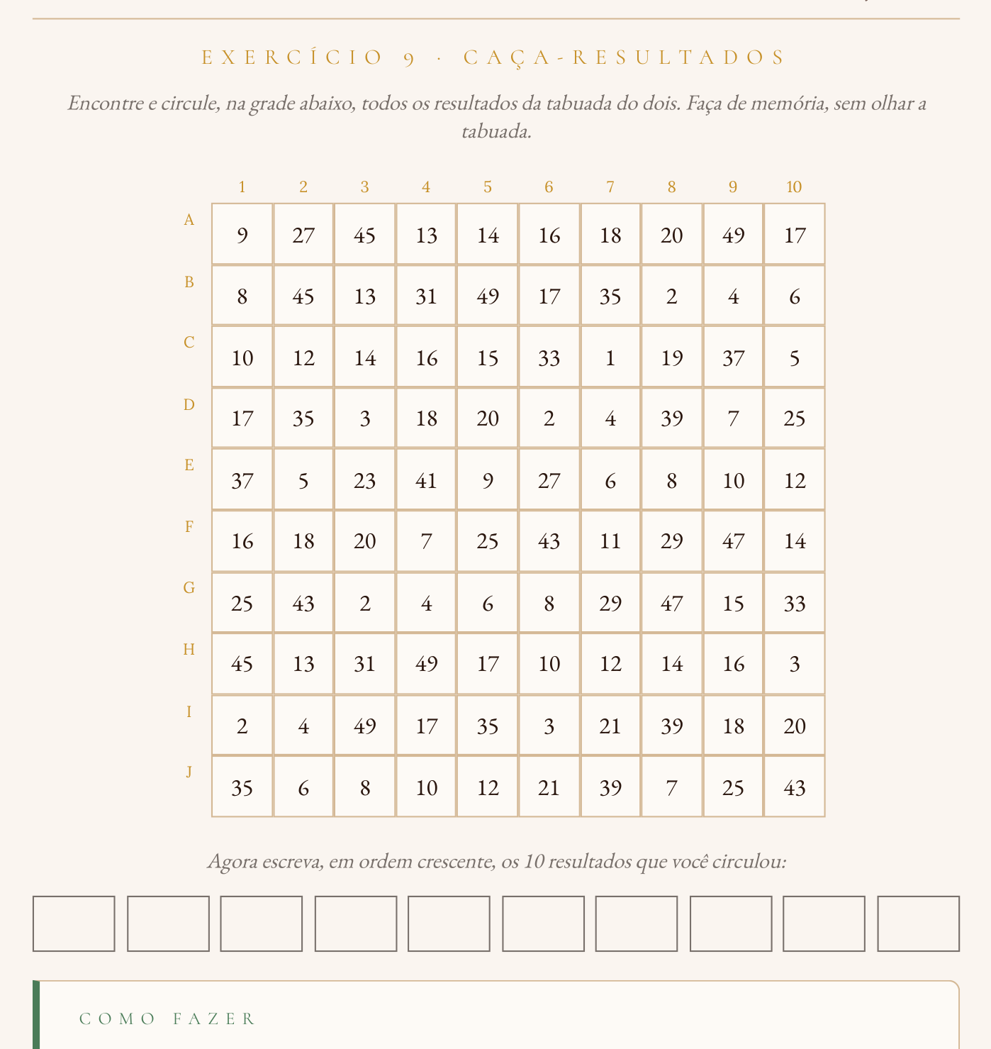 Caça-resultados da tabuada, para fazer de memória