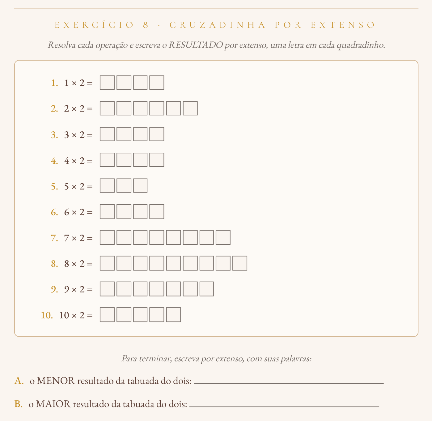 Cruzadinha por extenso na apostila de tabuada